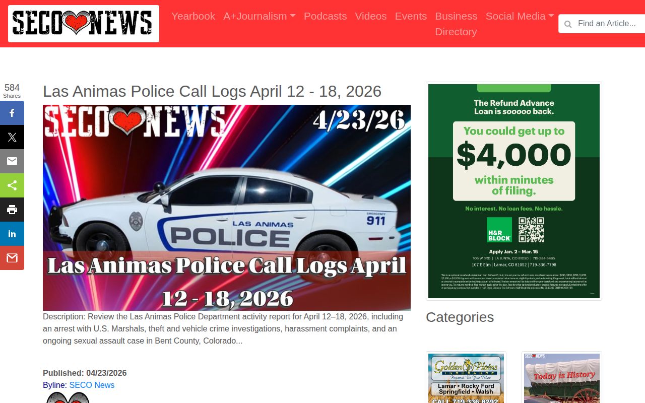 Bent County crime news in a SECO News Las Animas police report
