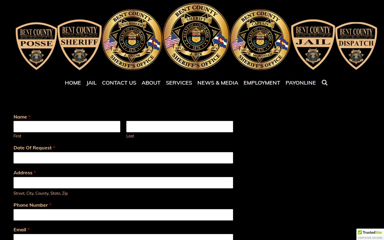 Bent County booking record and mugshot request form