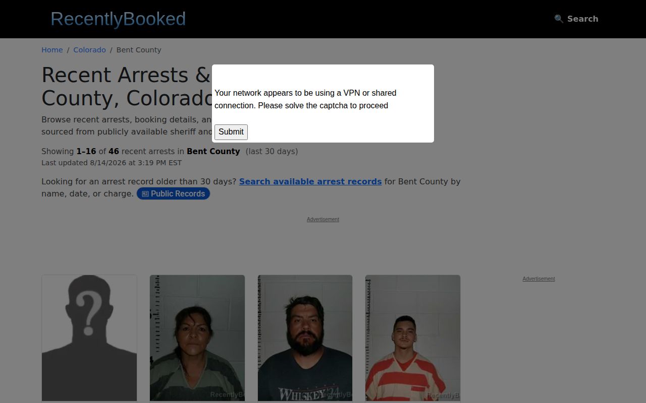 Unofficial Bent County recent booking and mugshot publisher interface