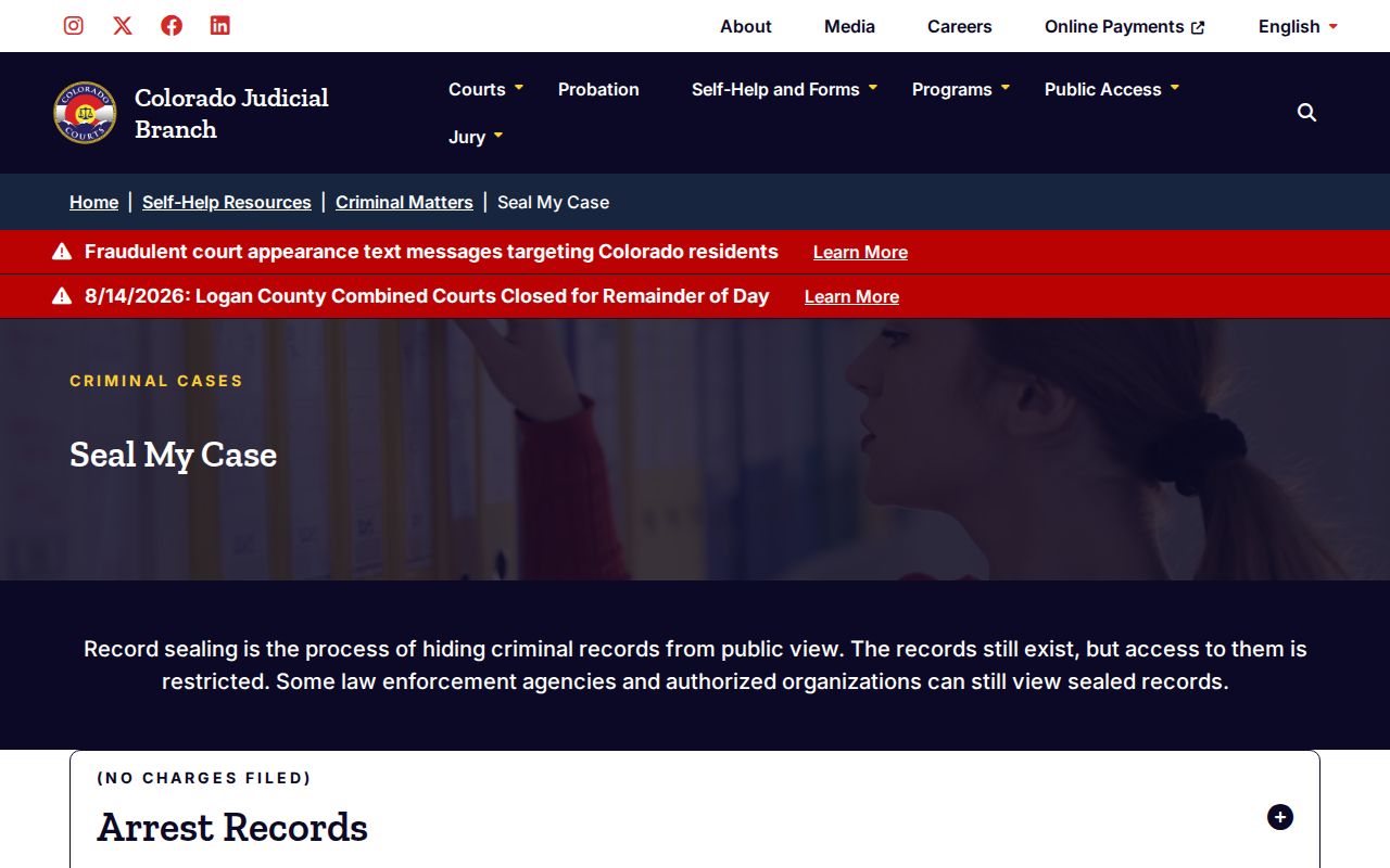 Colorado court forms for sealing Bent County arrest and mugshot records