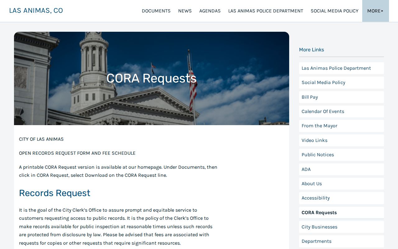 Las Animas arrest record request route for police and city records
